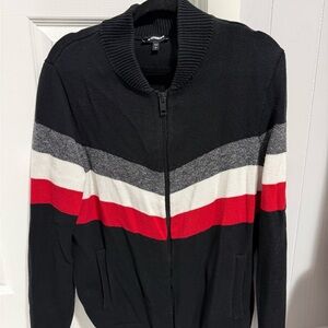Express Black Zip-Up Sweater with Red and White Stripes